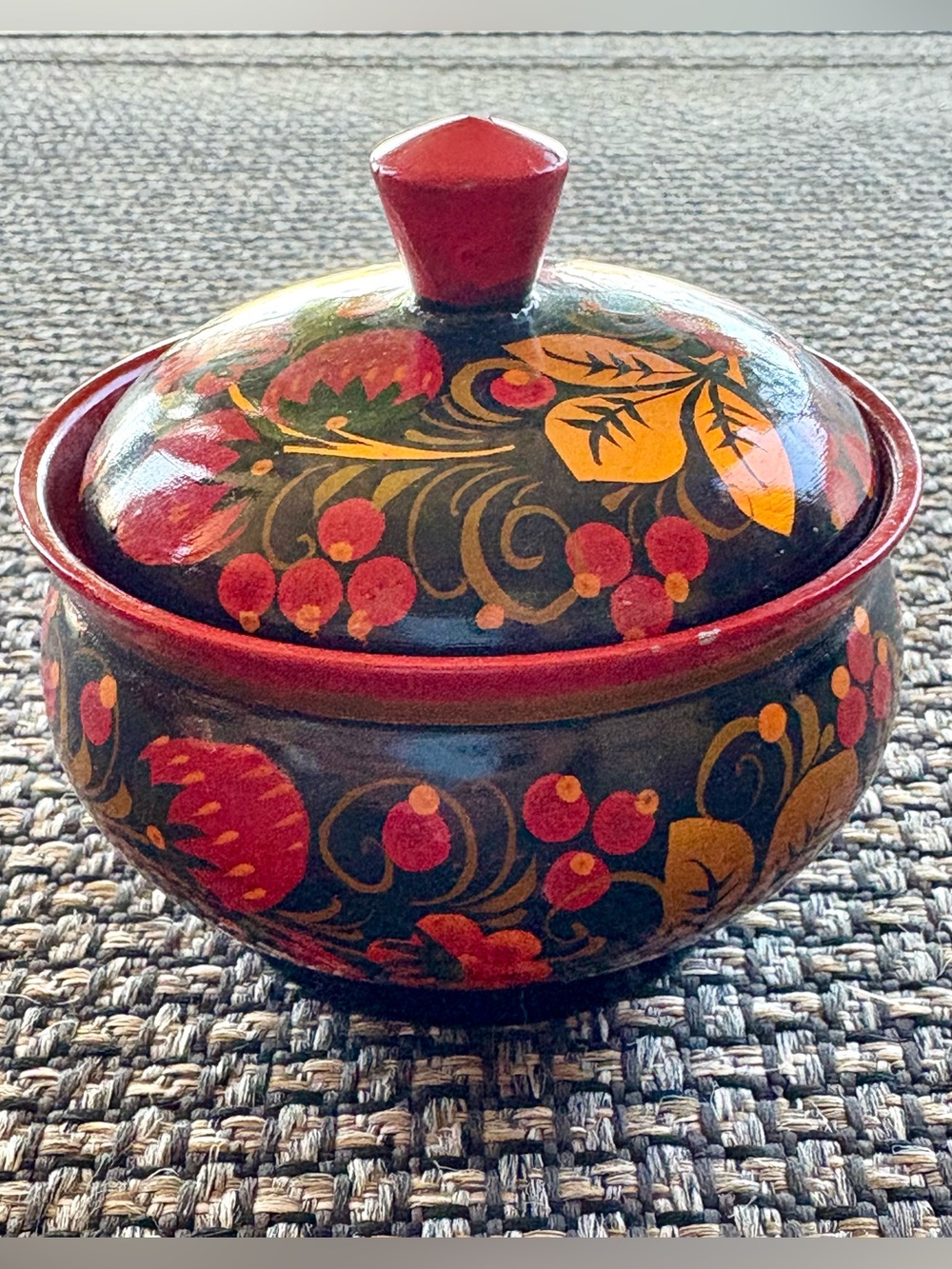 Vintage Traditional Russian Khokhloma Hand Painted Wooden Sugar Bowl Trinket Box
